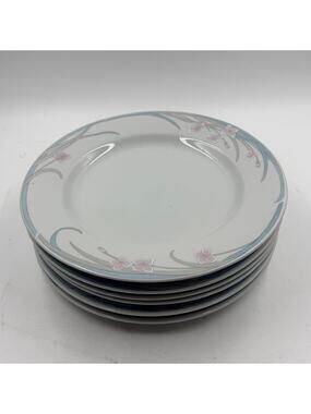 Vintage 1980's Set of 6 Dinner Plates 10.5" Inch Blue Pink on White Porcelain